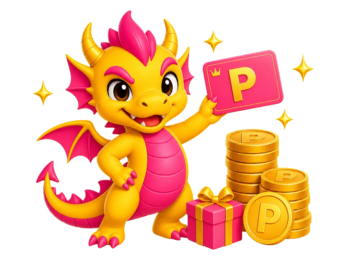 Mascotte Puff Division présentant la carte fidélité et ses pièces de points